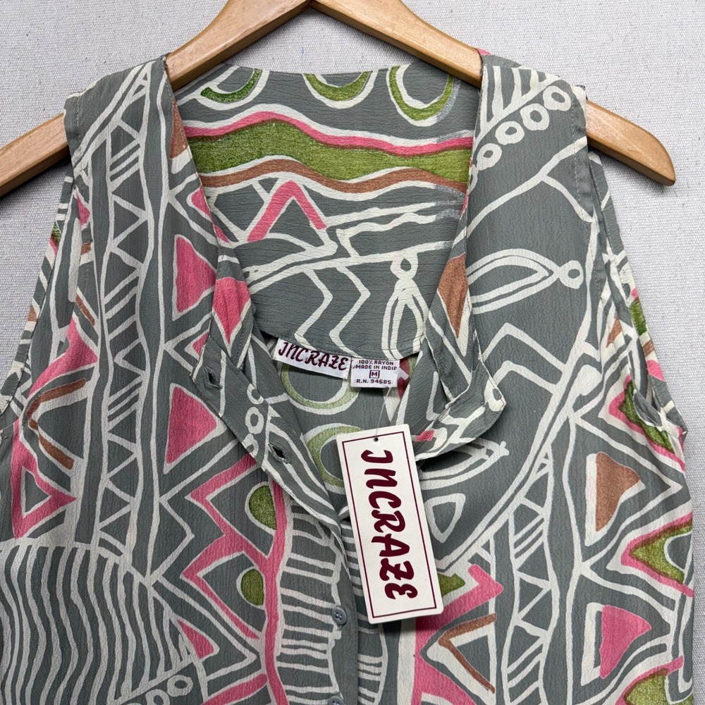 VTG Tribal Mask Print Rayon Shift Dress Grey Pink Sleeveless Button Down NWT M‎ - Picture 6 of 12